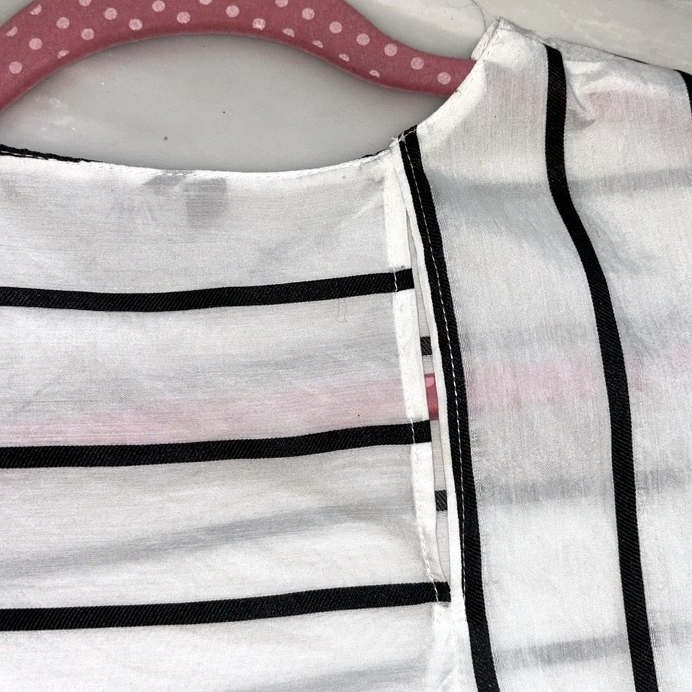 Zara white w/ black stripe long sleeve puff shoulder blouse, size M